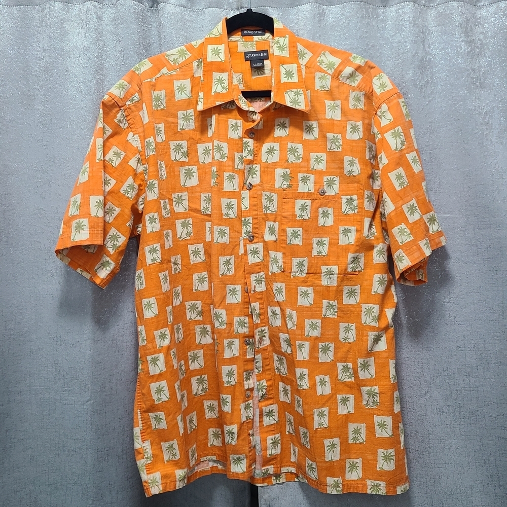 Island Style St. John's Bay Orange‎ Cream Block Green Palm Tree Print Shirt XL